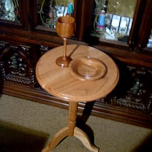 Red Oak Accent Stand and Brazilian Cherry Goblet & Saucer