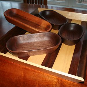 Carved Bowls and Maple/Walnut Serving Tray