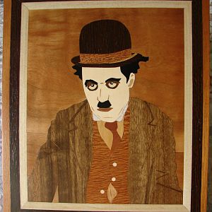 Marquetry work done in 2008. Image of Charlie Chaplin that my son, Christop