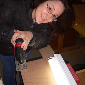 Wife (Rachel) Using Jig saw for the first time, Cutting out our son's name