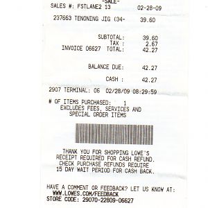 Lowe's receipt for Tenon Jig