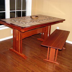 Tile-Topped Lyptus Table and Matching Bench