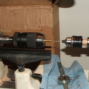 Drilling and threading setup for small parts on the wood lathe