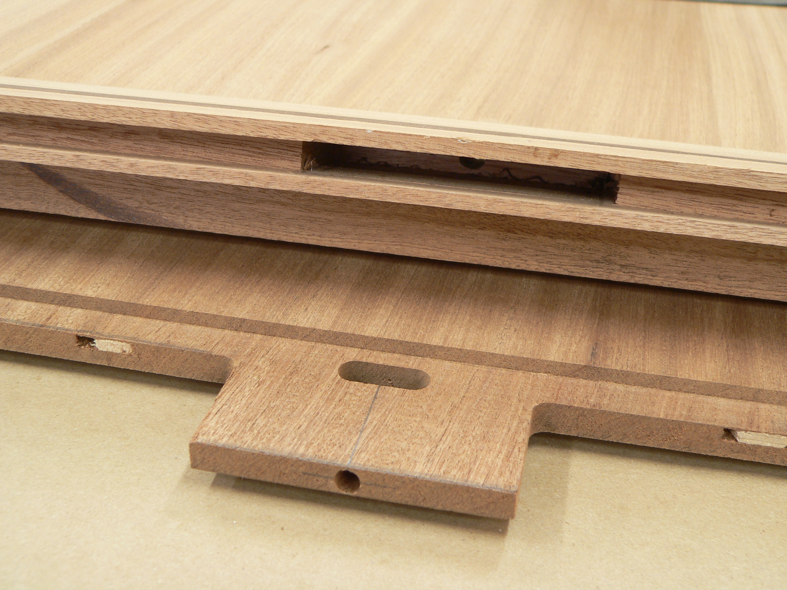 Close up of mortises and tenons for breadboard ends