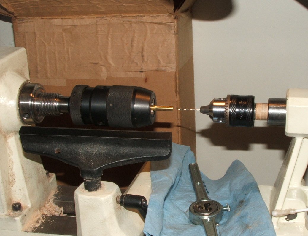 Drilling and threading setup for small parts on the wood lathe