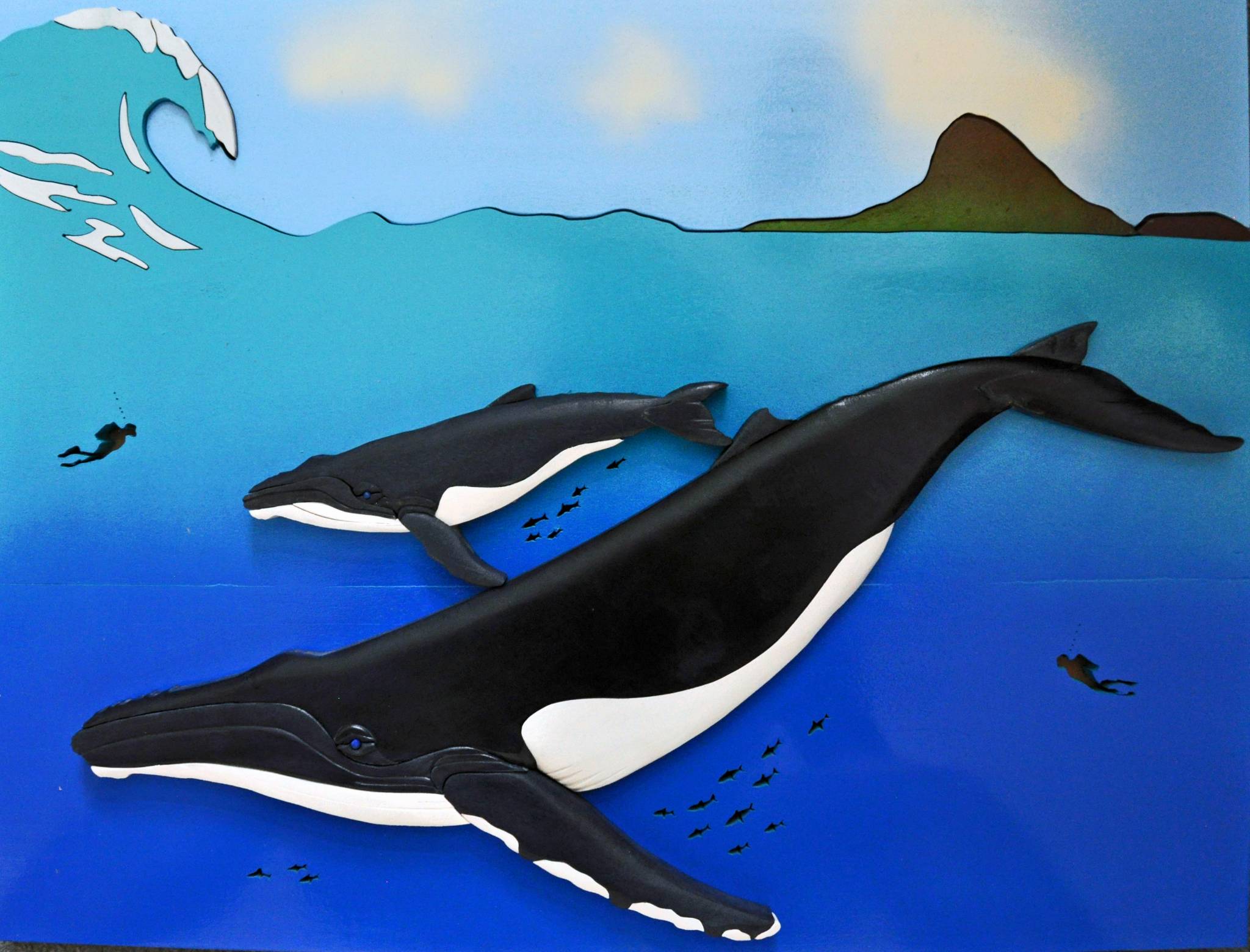 Intarsia Gray Humpback Whale and Calf with Hawaiian Backdrop