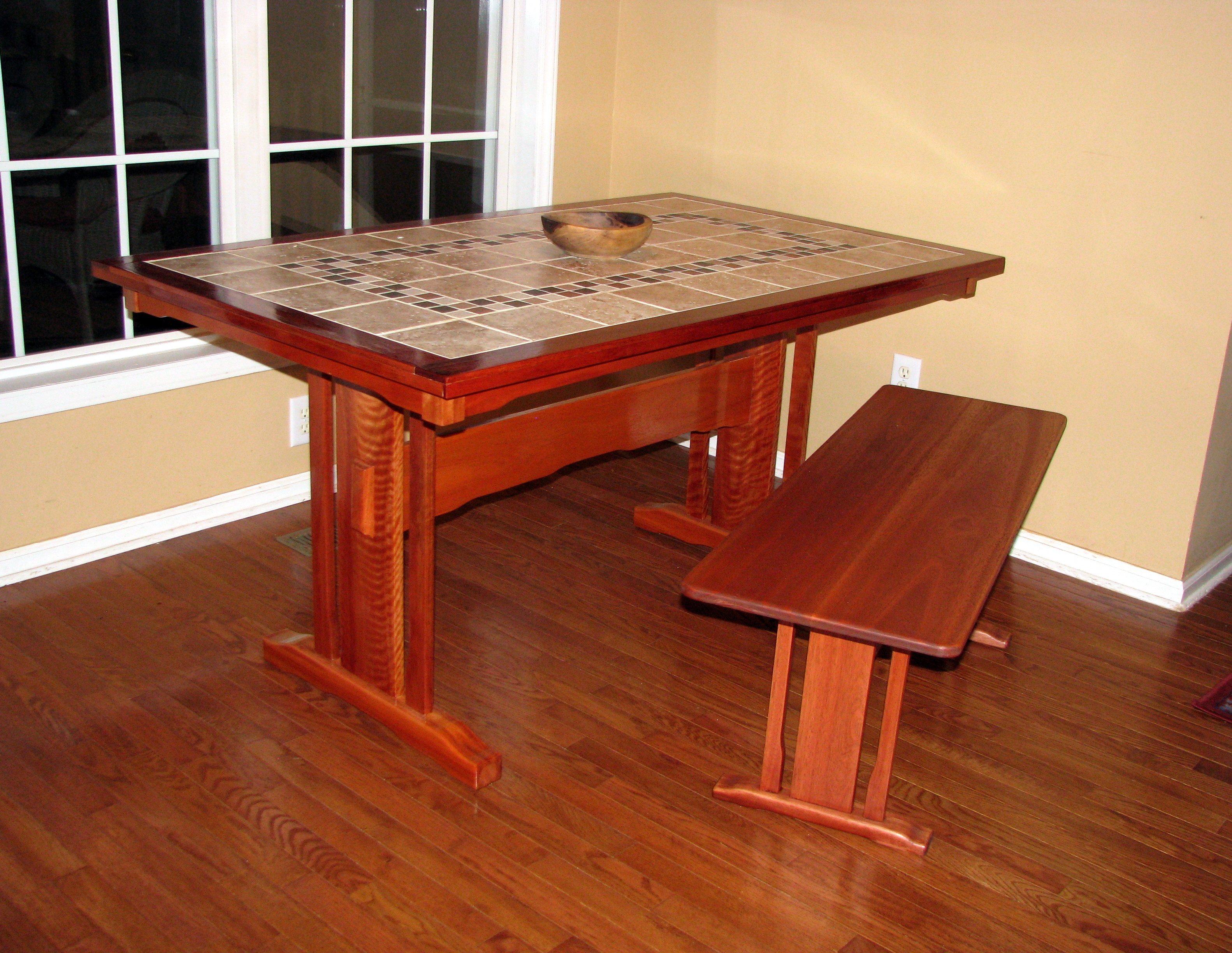 Tile-Topped Lyptus Table and Matching Bench