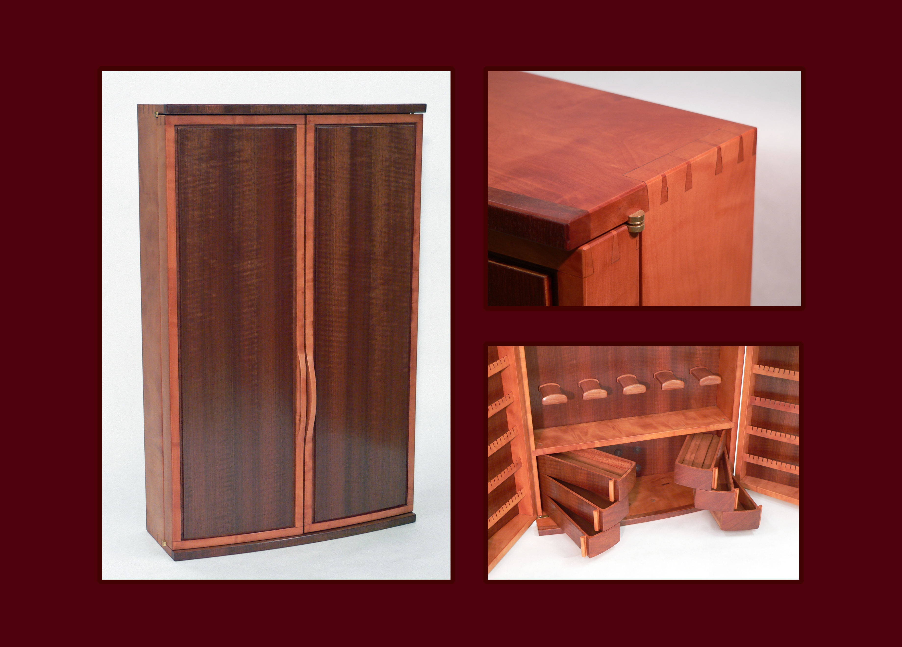Wall Hung Jewelry Cabinet in Pearwood and Curly Makore