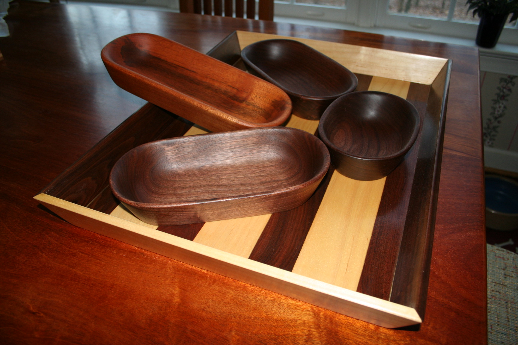 Carved Bowls and Maple/Walnut Serving Tray