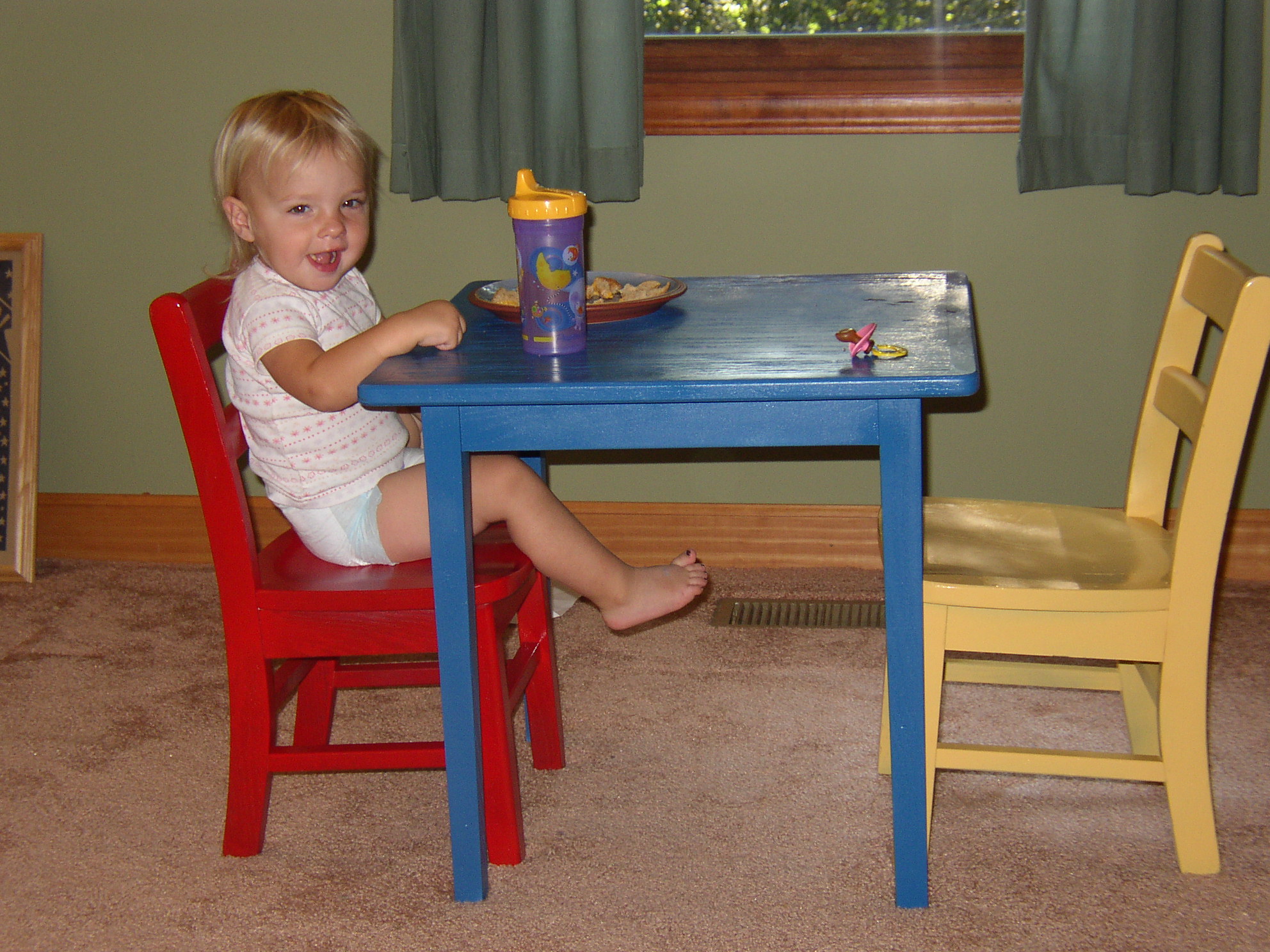 Finished painted table and chair, plus another chair I made