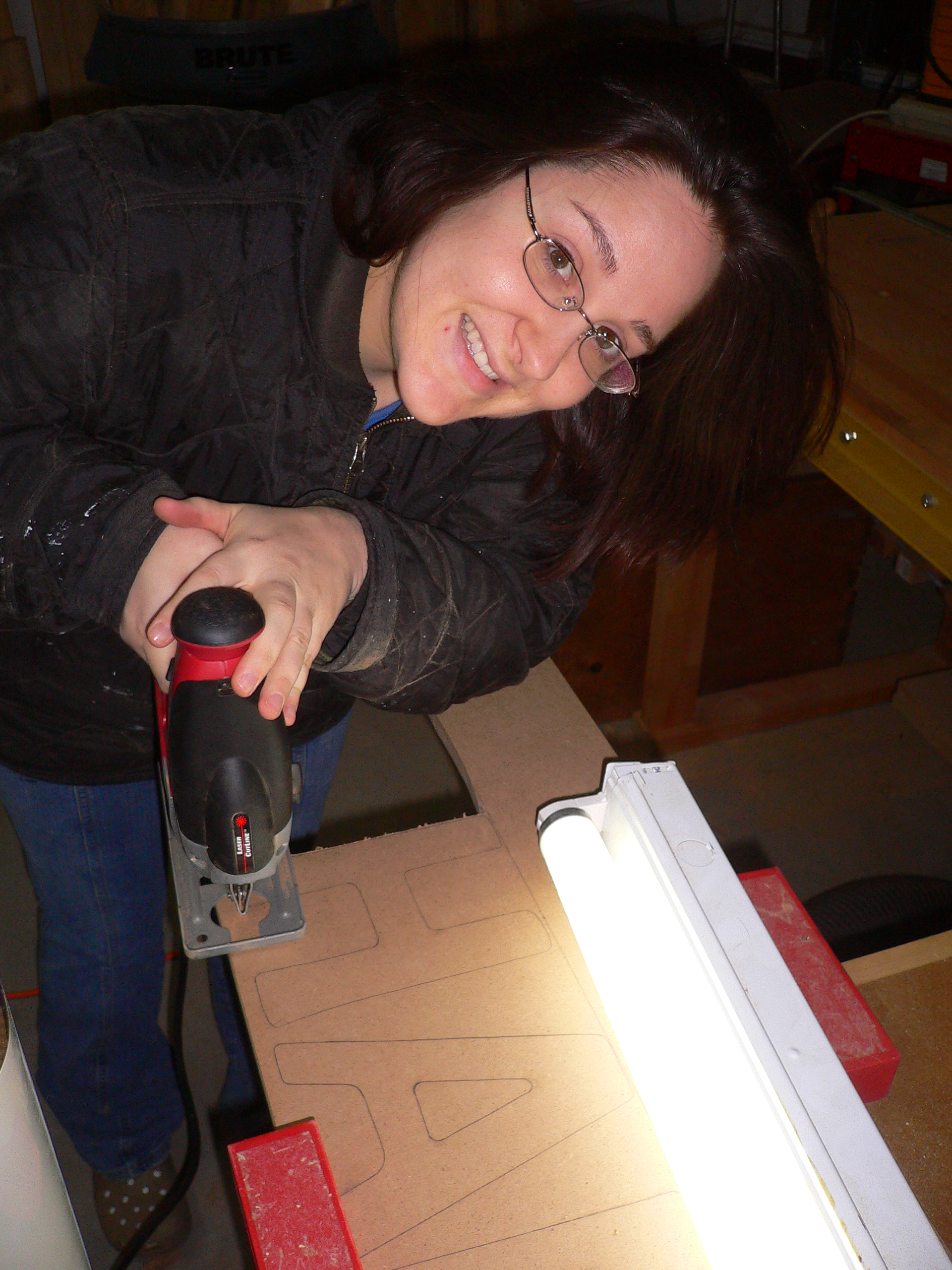 Wife (Rachel) Using Jig saw for the first time, Cutting out our son's name